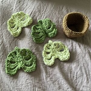 Handmade Crochet Monstera Leaf Coasters With Pot